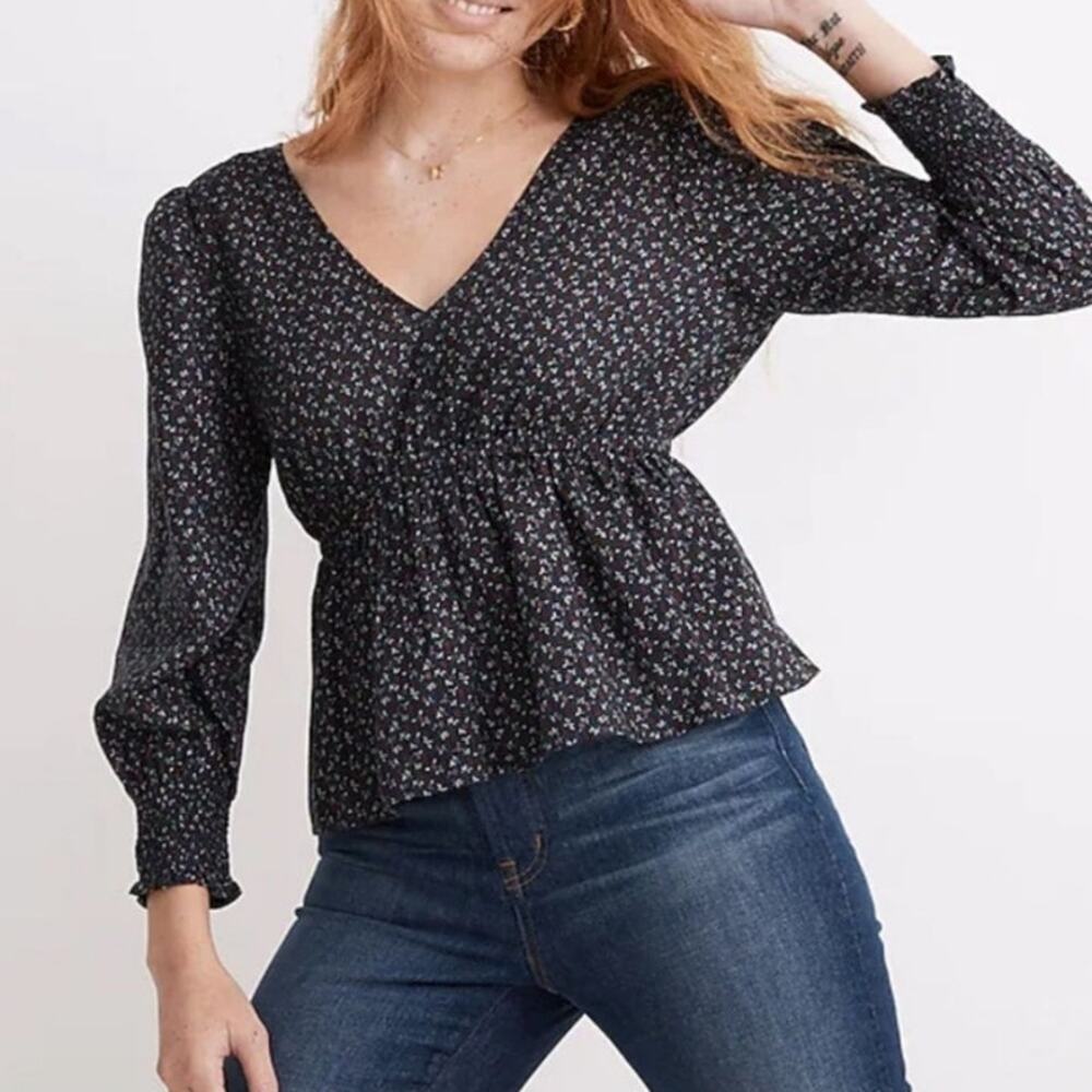 Madewell tie back crop peasant top ditsy floral blue long sleeve boho